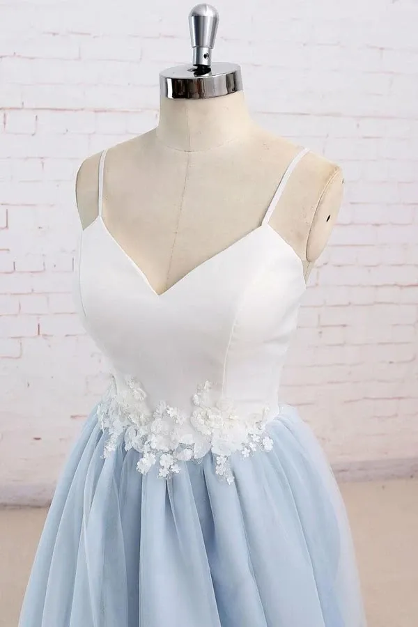 Anneprom Spaghetti Straps Sweep Train Backless Light Blue Tulle Prom Dress APP0006