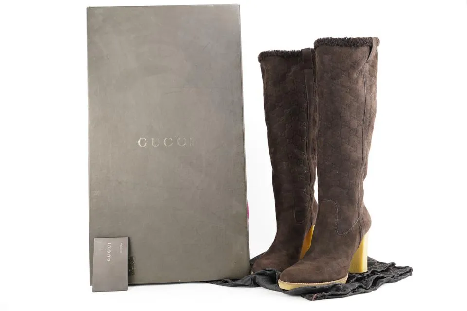 Gucci Size 9.5 Brown Suede GG Merino Boots 465ggs33