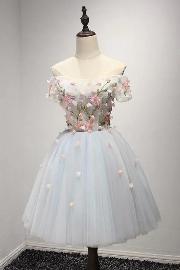 Knee-Length Light Blue Tulle Homecoming Dress With Appliques TR0180