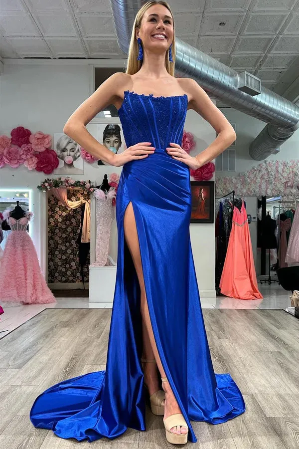 Mermaid Lace Satin Strapless Black Long Prom Dress with Slit TP1335