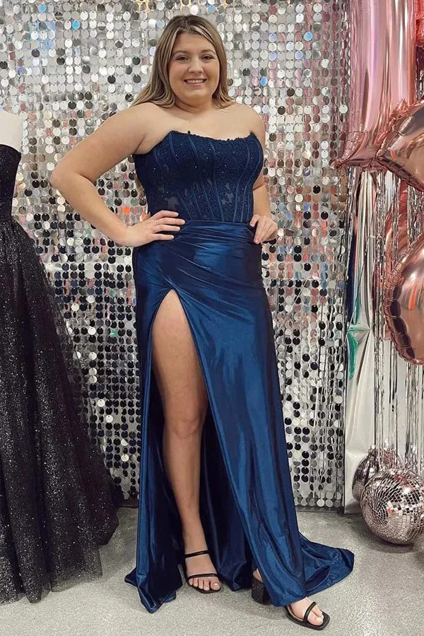 Mermaid Lace Satin Strapless Black Long Prom Dress with Slit TP1335