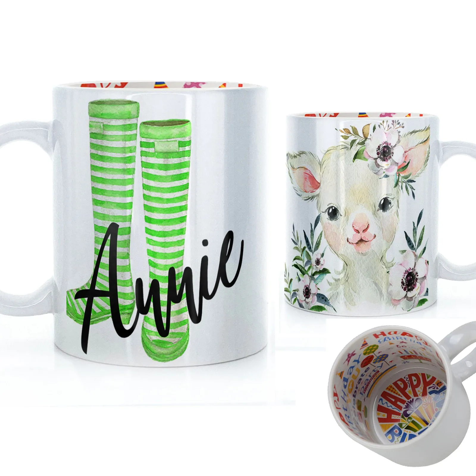 Personalised Mug with Stylish Text and White Flower Lamb & Green Striped Wellies