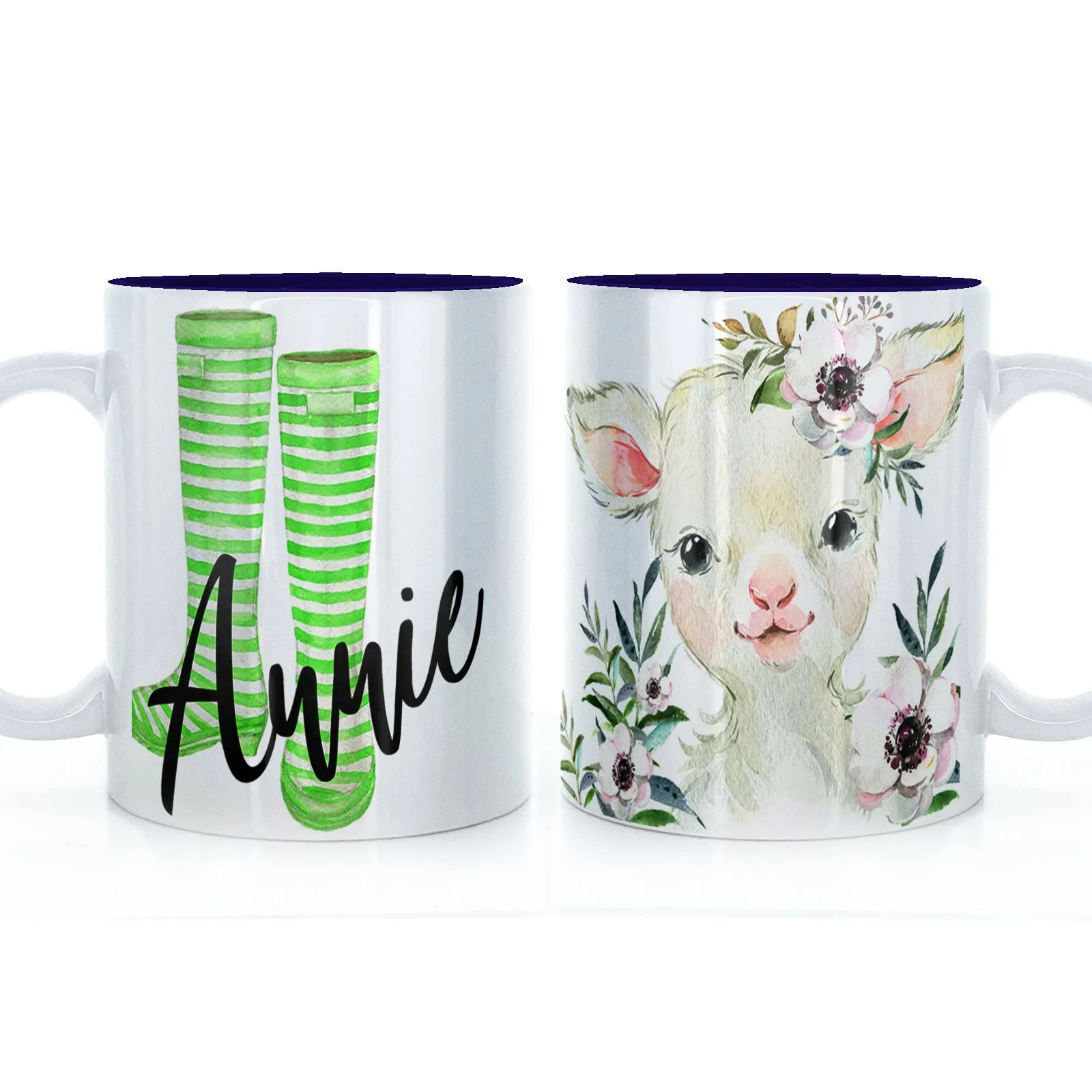 Personalised Mug with Stylish Text and White Flower Lamb & Green Striped Wellies