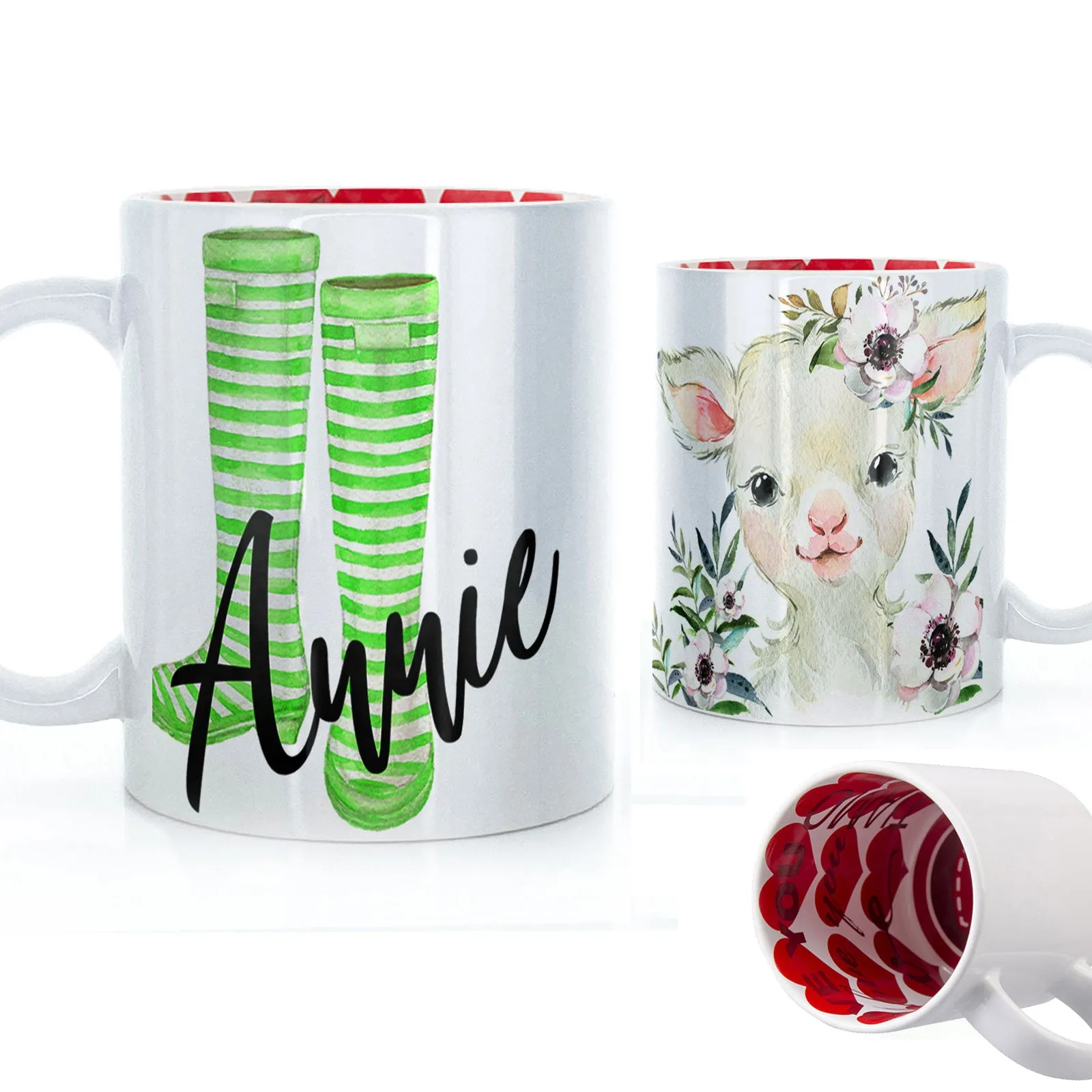 Personalised Mug with Stylish Text and White Flower Lamb & Green Striped Wellies