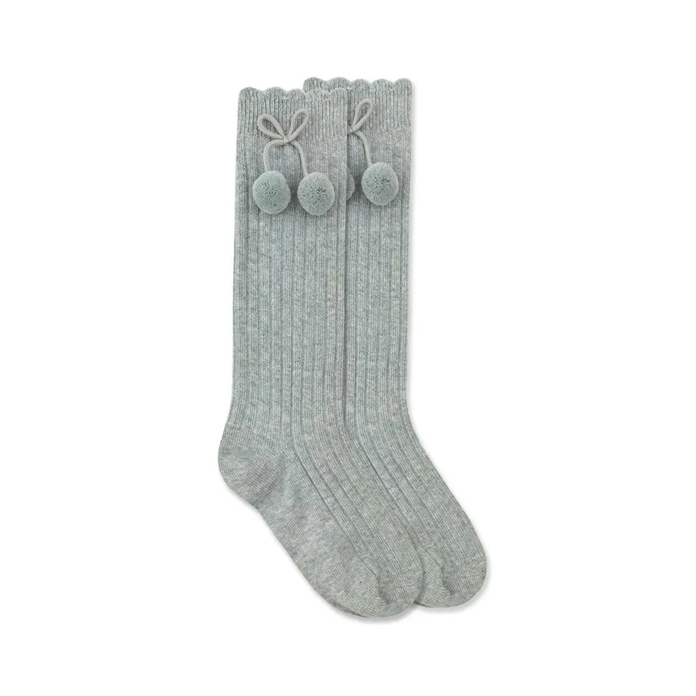 Pom Pom Knee High Socks -- Grey