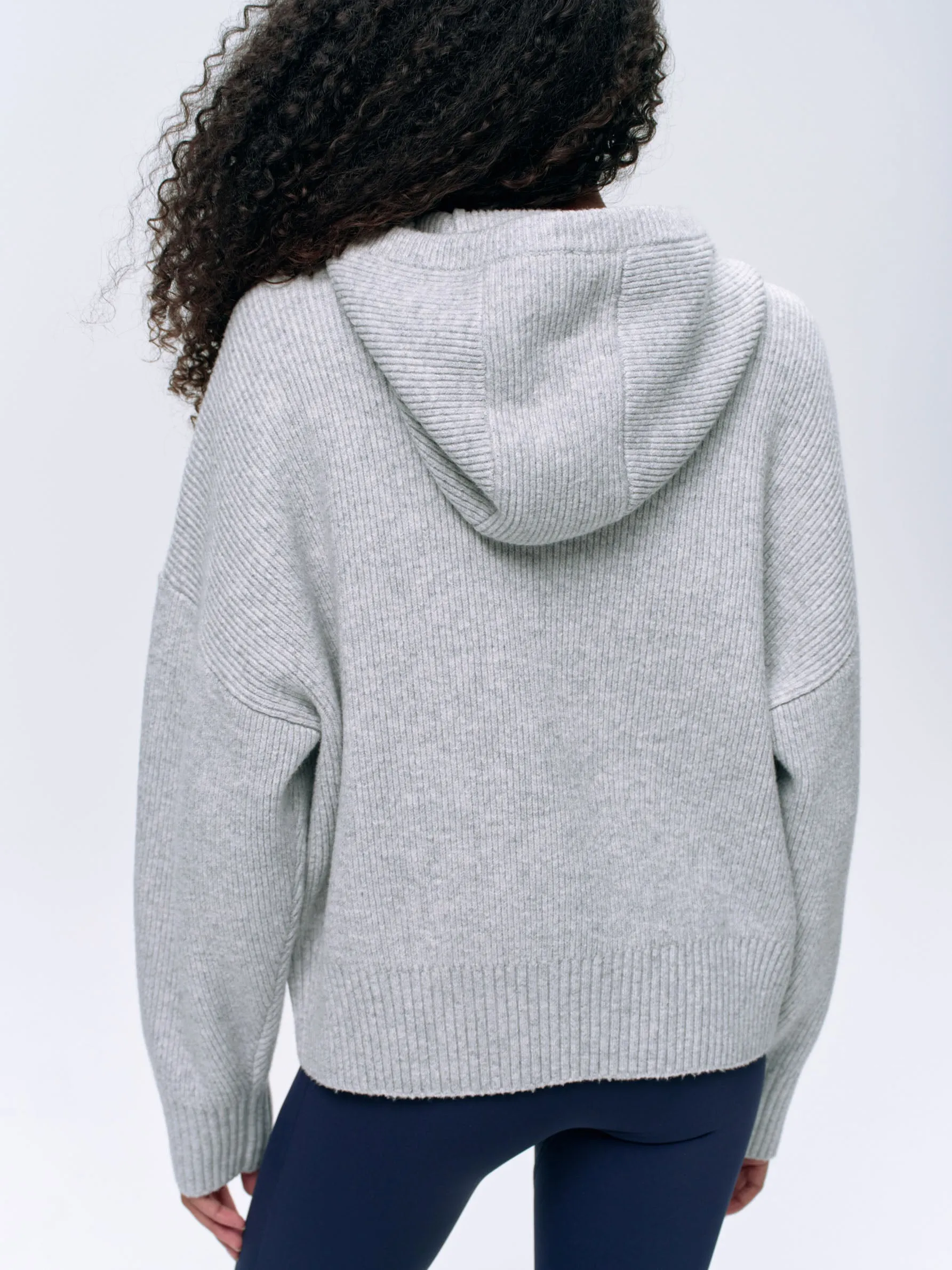 Varsity Hooded Knit Bomber Jacket - Light Grey Melange