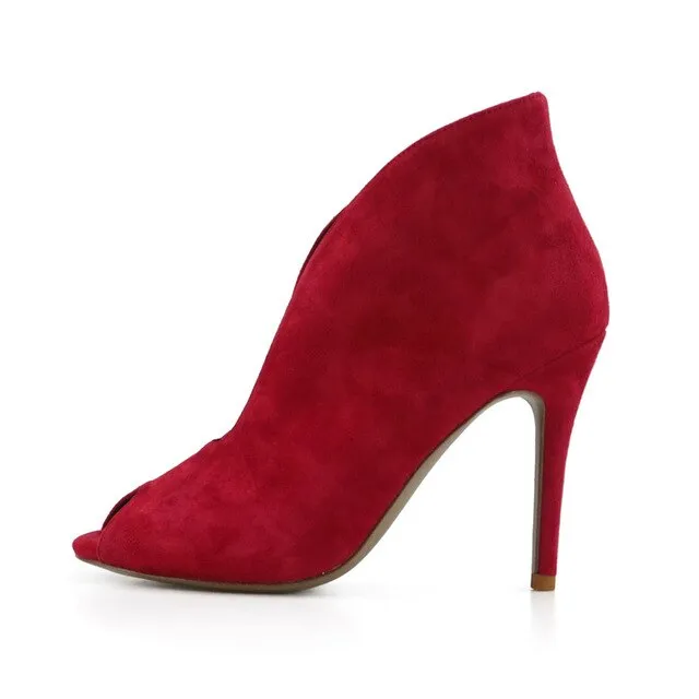 Women Open Toe Ankle Boots Woman Natural Suede Leather Soft Shoes Women's Booties Lady Heel Shoe