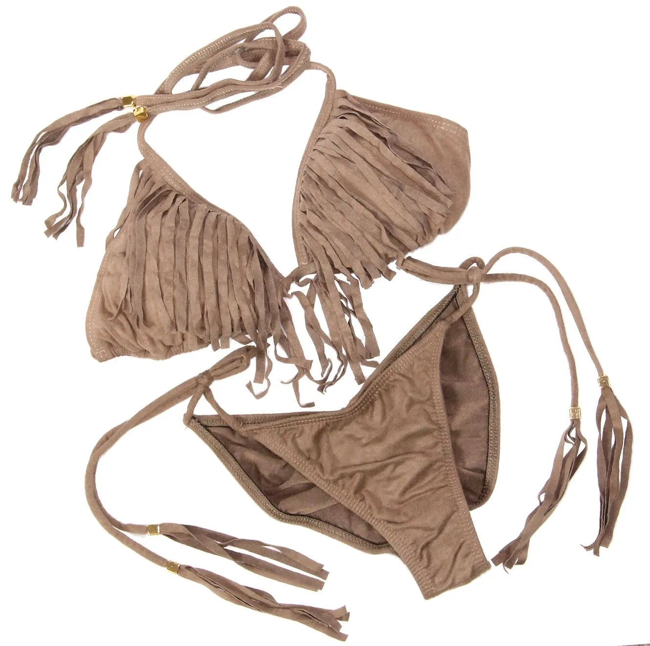 Women's Two Piece Micro Suede Fringe Bikini Swimsuit Set